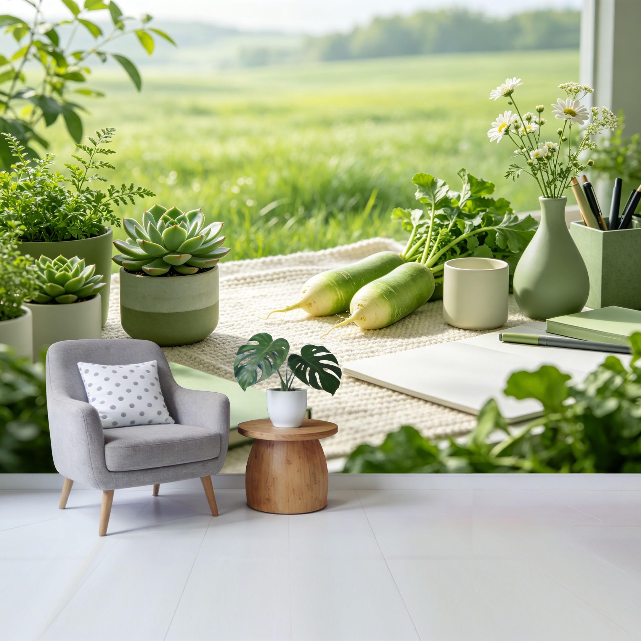 Qzlithotic Yq2605250789 Custom Size Wall Mural Serene Botanical Meadow View Potted Succulents Fresh Farm Produce Aesthetic Minimalist Selfadhesive Wall Fabric Removable Wallpaper For Home Office Decor