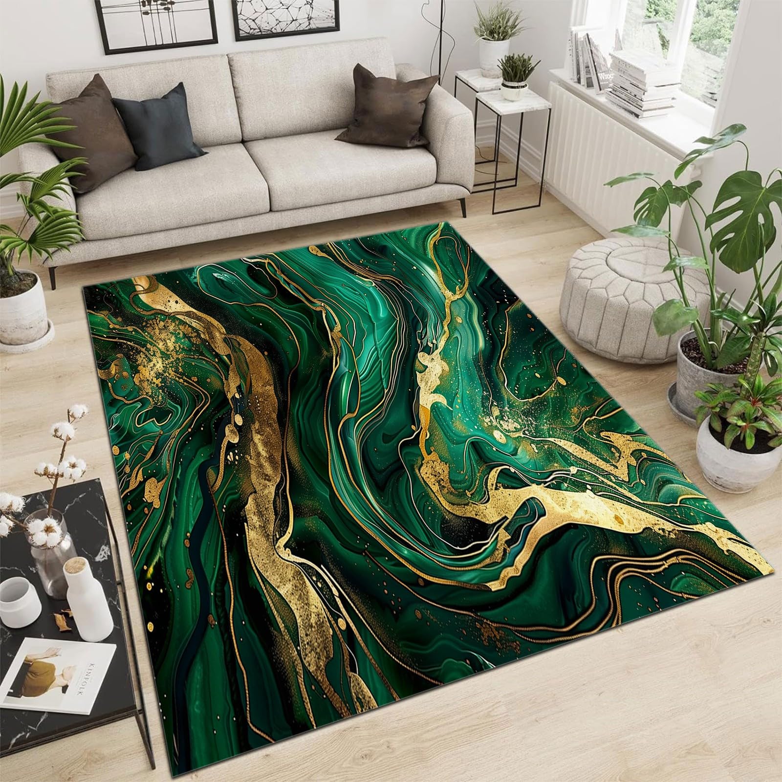 Generisch Waschbarer Moderner Grün-Gold-Marmor Kurzflor Teppich - Weicher, Rutschfester Teppich für Wohnzimmer, Schlafzimmer - Flauschiger, Teppiche Gegend, 160cm x 230cm