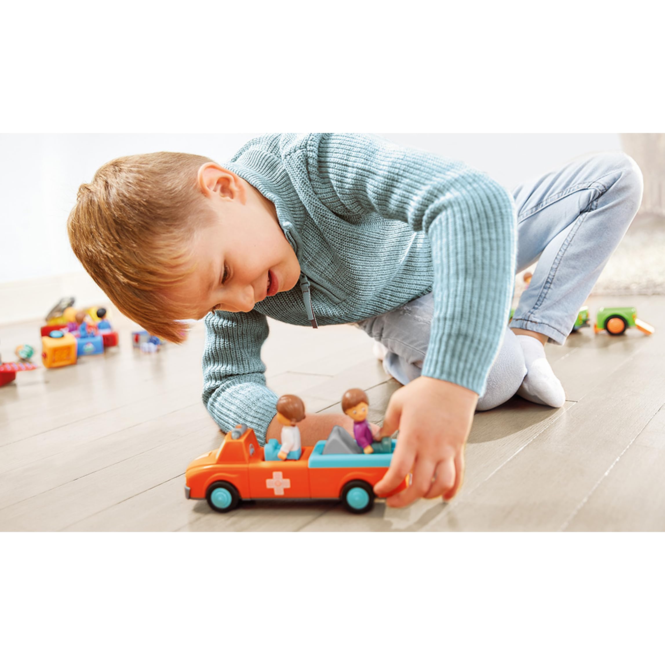 0145, Anna Amby, Ambulance composée de 3 pièces avec Son et Lumière, Peut être assemblée, Comprend une figurine mobile, Moteur à volant de haute qualité, Orange/bleu cile, dès 12 mois
