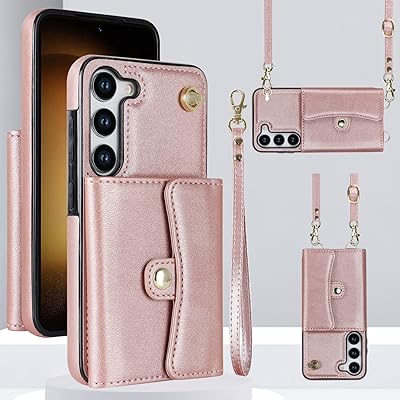 JYYVE for Samsung Galaxy S23 Case 6.1', Crossbody Purse Wristlet Shoulder Strap Trendy Protective Cover for Galaxy S23 (Rose Gold)