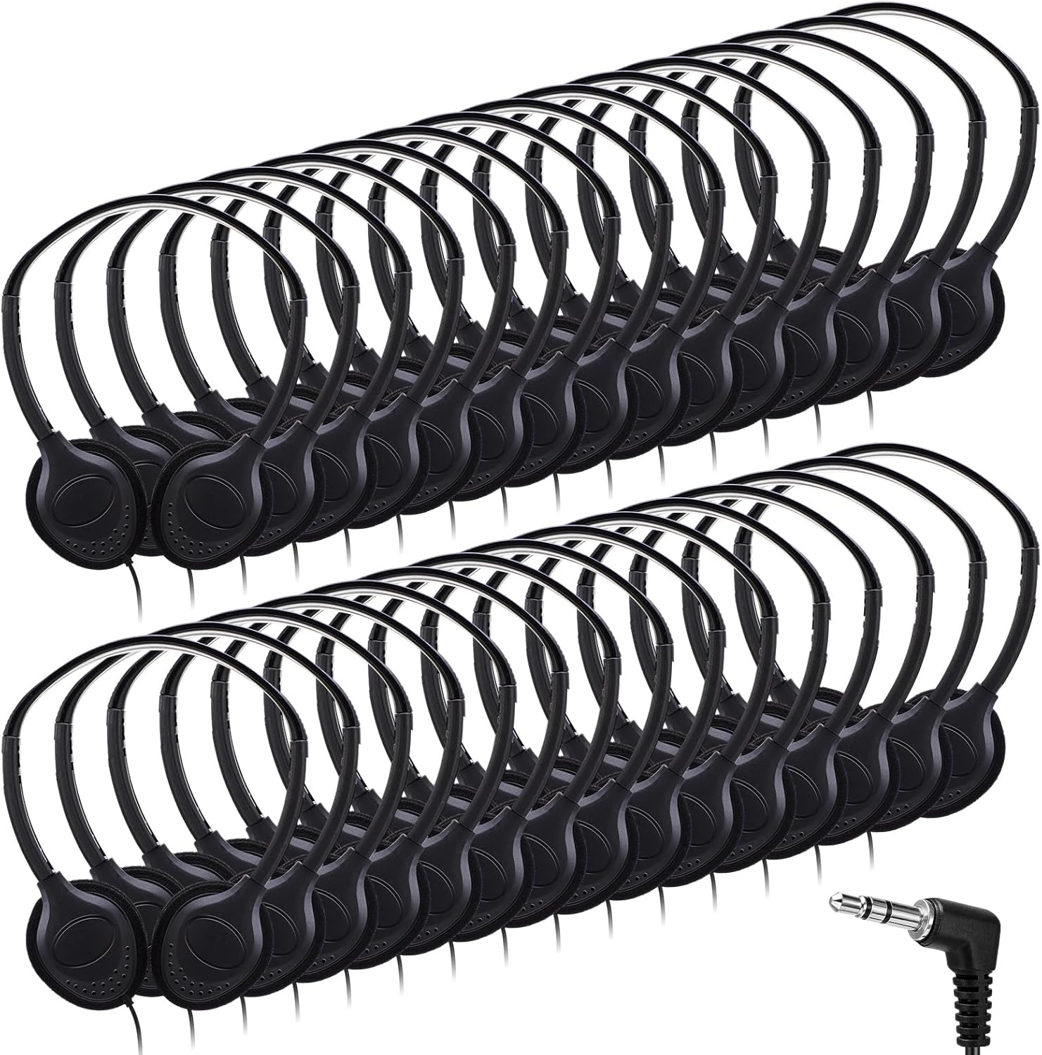 Yunsailing 30 Pack Over Ear Wired Headphones Bulk for School Classroom Student, Adjustable Headband with 3.5mm Jack, Lightweight Design Earphones for Classroom Learning and Testing (Black)