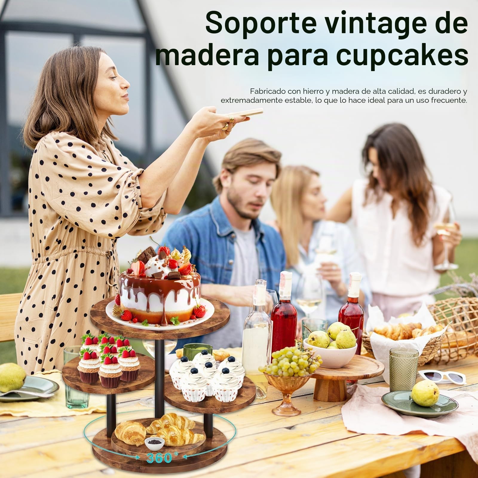 Soporte Para Cupcakes De 4 Niveles De Madera, Bandejas Escalonadas Con Diseño Giratorio De 360° Ideal Para 50 Magdalenas Tartas Donas Y Frutas DecoracióN Para Bodas Navidad Y Fiestas
