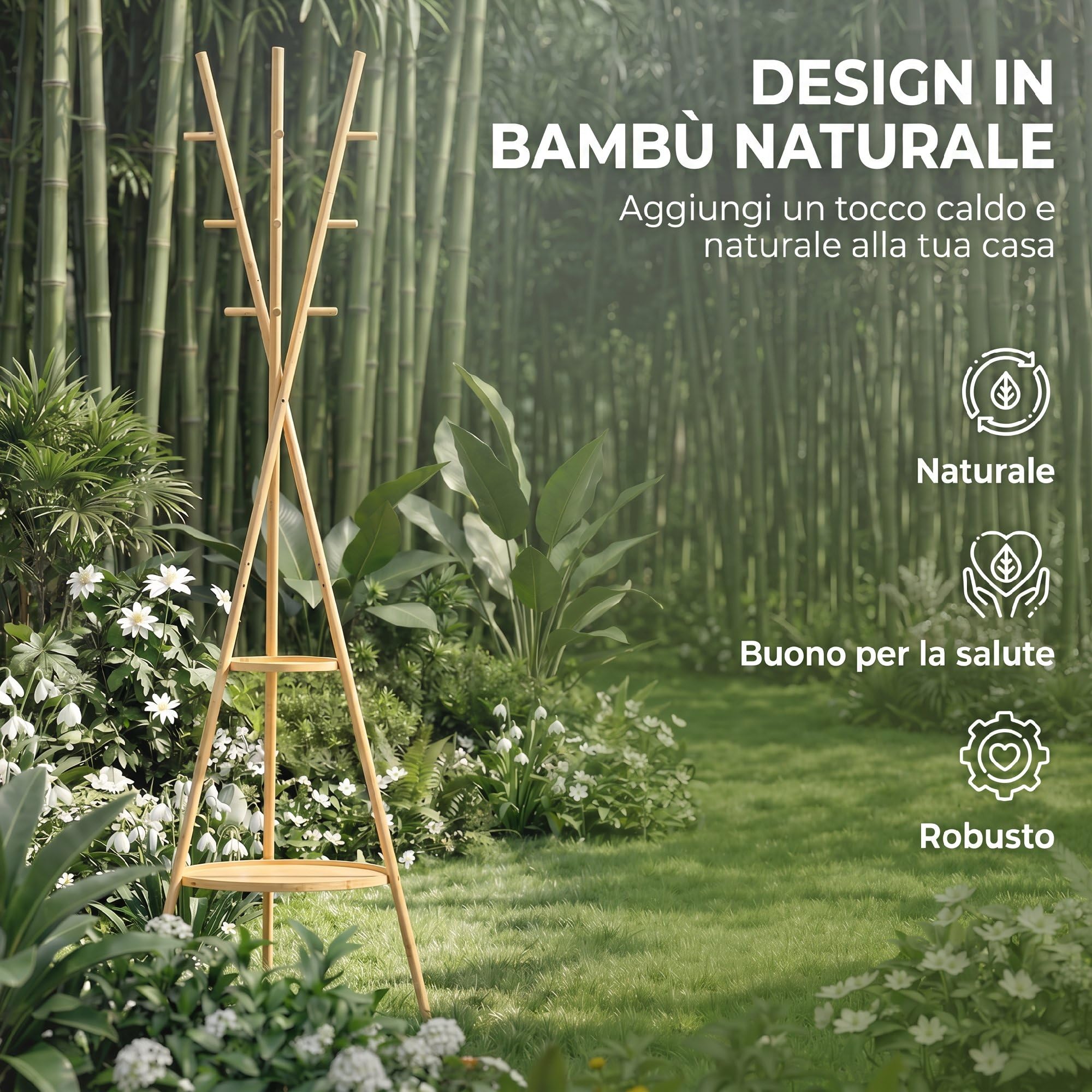 HOMCOM Appendiabiti da Terra in Bambù Rotondo con 2 Ripiani, Attaccapanni da Terra per Ingresso, Forma Albero Autoportante con 9 Ganci, Naturale