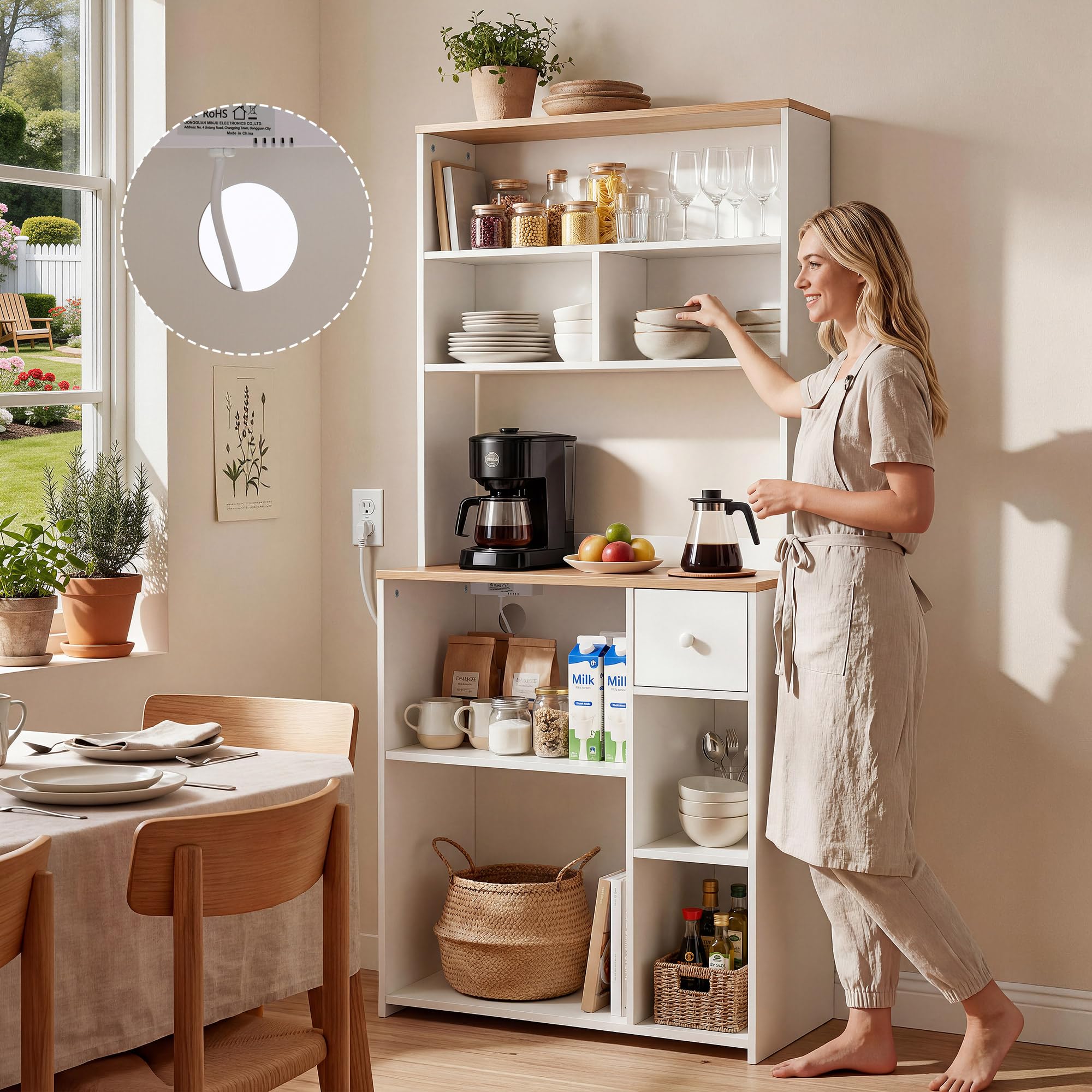 YITAHOME Estante para panadería con Toma de Corriente, Estante de Almacenamiento de Cocina con encimera, Estante Alto de Cocina con 75 cm de Ancho, 2 Salidas de CA, 2 Puertos USB, Barra de café