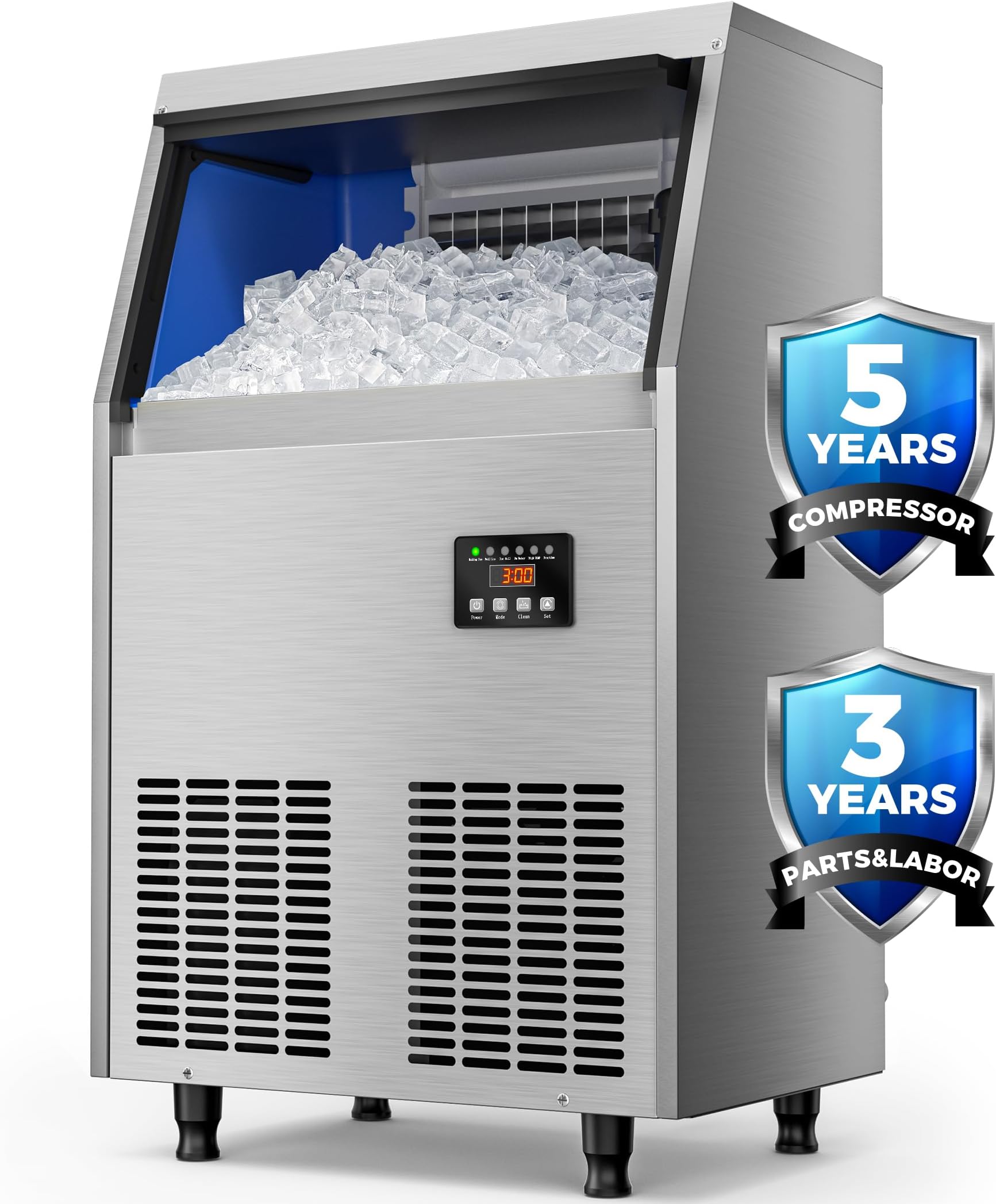 Coolski Commercial Ice Maker Machine, 100LBS/24H Stainless Steel Under Counter Ice Maker with 34LBS Ice Bin, Freestanding Ice Machine for Restaurant, Home, Bar, Office, School, Party