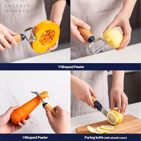 Kitchen Gadget and Utensil Set, 7PCS Stainless Steel Cooking & Baking Accessory with Non Slip Ergonomic Silicone & Wood Handle, Set Includes Knife, Peeler, Grater, Whisk, Egg Tool and Bottle Opener