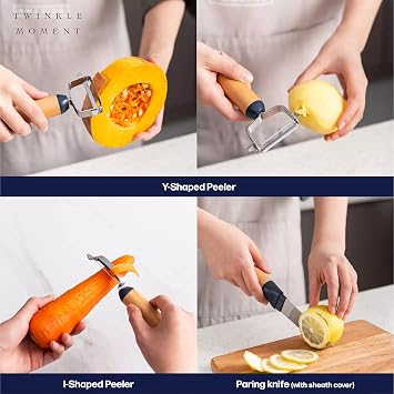 Kitchen Gadget and Utensil Set, 7PCS Stainless Steel Cooking & Baking Accessory with Non Slip Ergonomic Silicone & Wood Handle, Set Includes Knife, Peeler, Grater, Whisk, Egg Tool and Bottle Opener