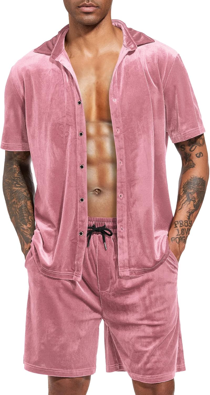 LecGee Men Summer Casual Short Sets Velvet Short Sleeve Button Down Shirt Elastic Waist Shorts 2 Piece Outfits Tracksuit