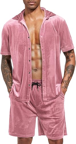 LecGee Conjuntos de Pantalones Cortos Casuales de Verano para Hombres Camisa de Terciopelo de Manga Corta con Botones Pantalones Cortos de Cintura