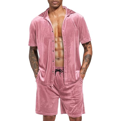 LecGee Men Summer Casual Short Sets Velvet Short Sleeve Button Down Shirt Elastic Waist Shorts 2 Piece Outfits Tracksuit
