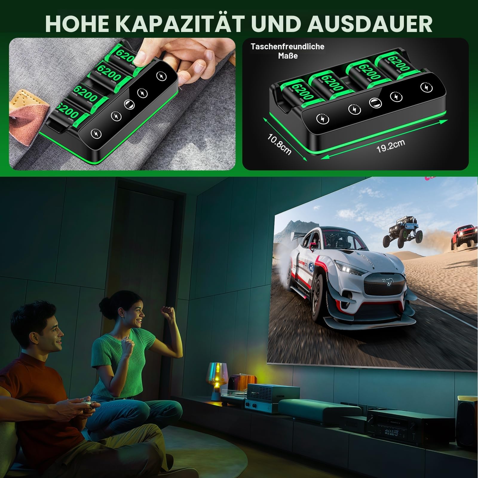 4X 6200 mWh Akku für Xbox One/Series S/X Controller, Ladestation mit coolem RGB-Licht, wiederaufladbares Akkupack kompatibel mit Xbox Series X|S/S/X/Elite Wireless Controller, Schwarz
