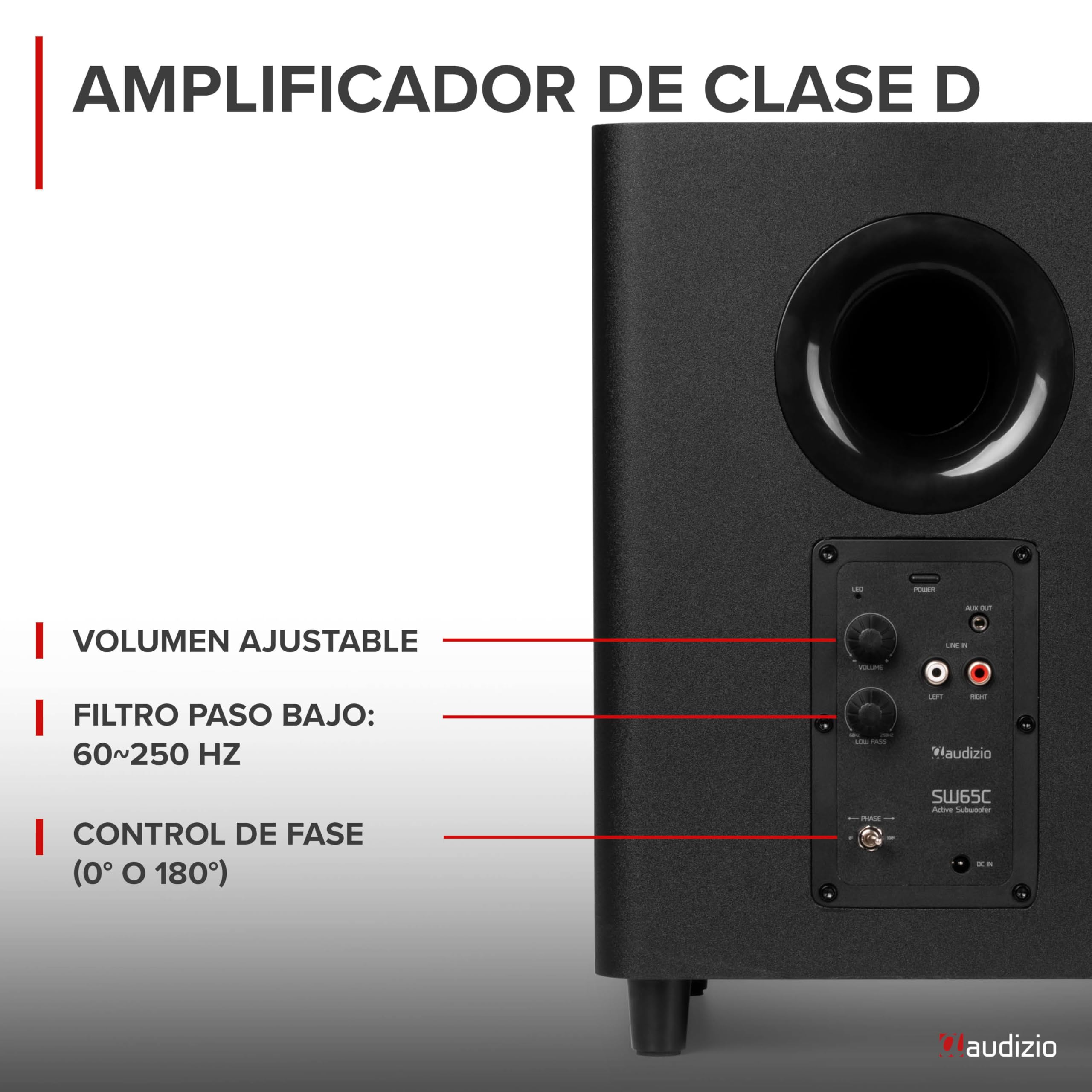 Audizio SW65C – Subwoofer Activo HiFi de 130W con woofer 6,5” y Graves Profundos, Filtro Ajustable, Control de Fase, Bass Reflex, Altavoz para Home Cinema, soundbars y Equipos de música, Color Negro