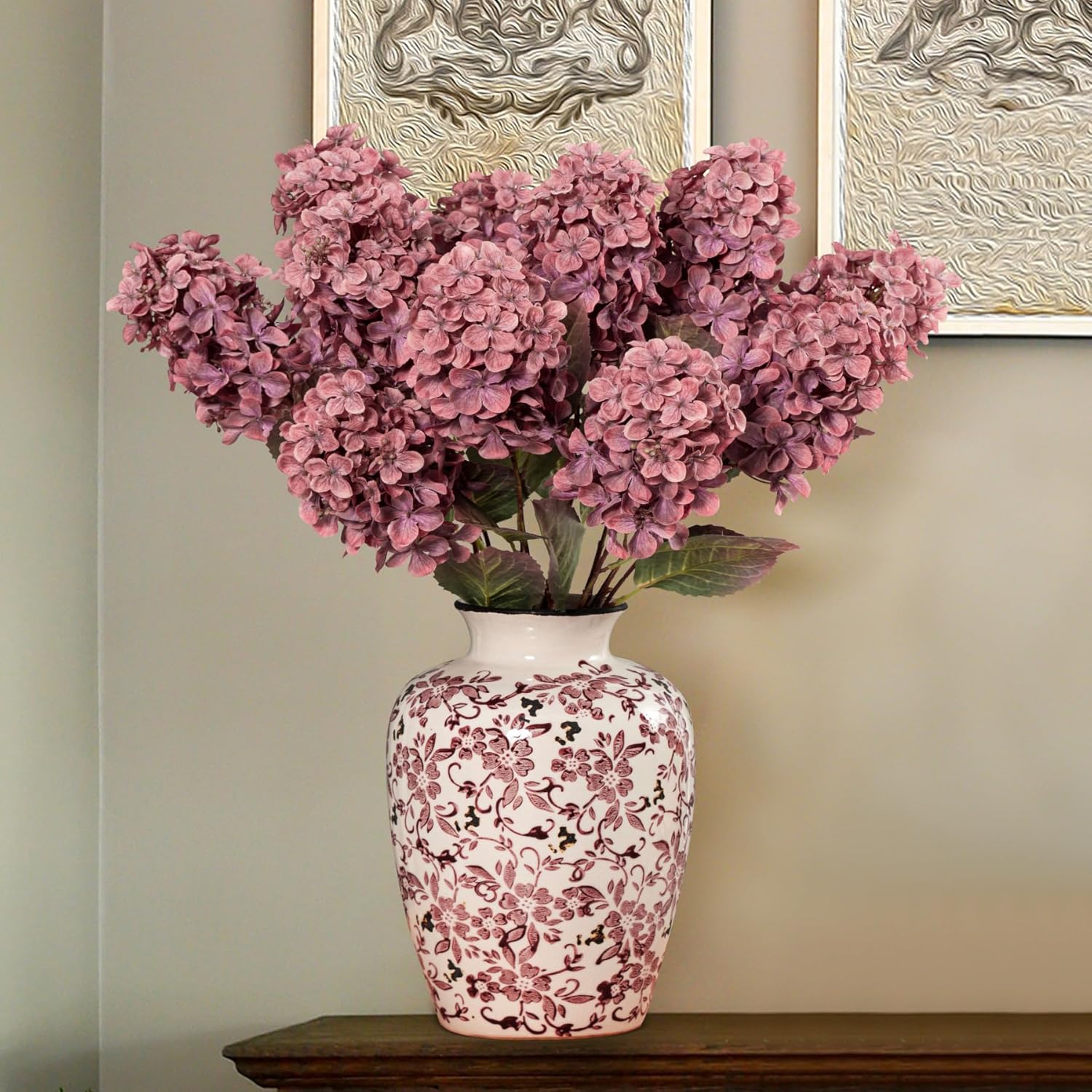 Burgundy Hydrangea Artificial Flowers,Fall Hydrangeas Artificial Flowers, Fake Fall Dried Hydrangea Decoration,Faux Silk Flower with Stems Winter Decor(Red Rose 24" 8pcs) Without Vase - Image 2