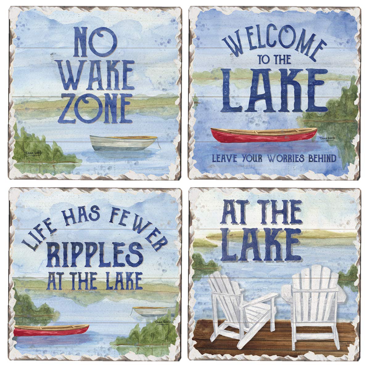 Thirstystone Lake House Greetings 4-Pack Assorted Tumbled Tile Stone Coasters Manufactured in The USA 4
