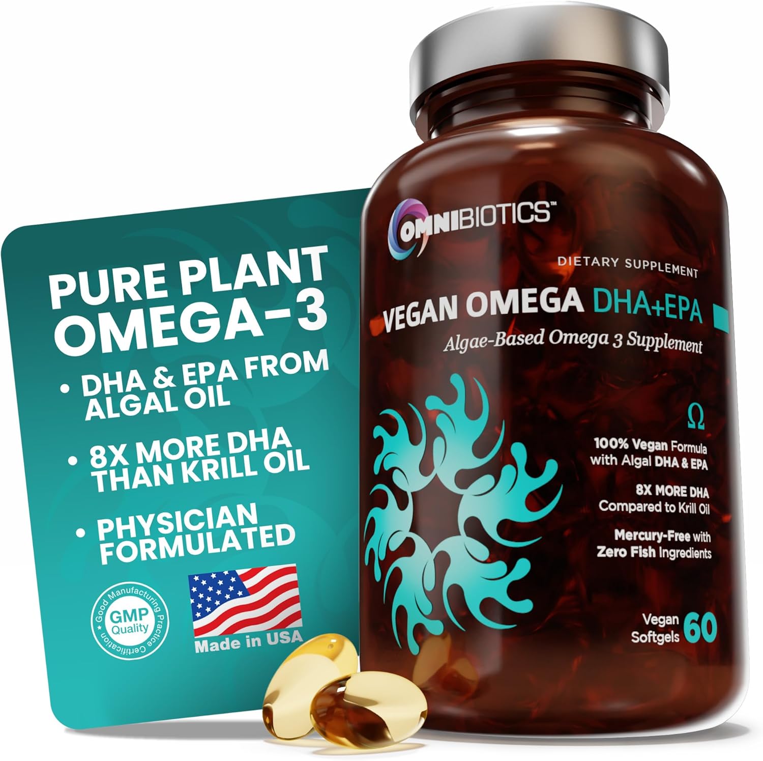 OmniBiotics Vegan Omega 3 DHA EPA Supplement – MD-Certified Prenatal Supplement with 8X More DHA Than Krill Oil, Fish-Free, Non-GMO – 60 Vegan Capsules