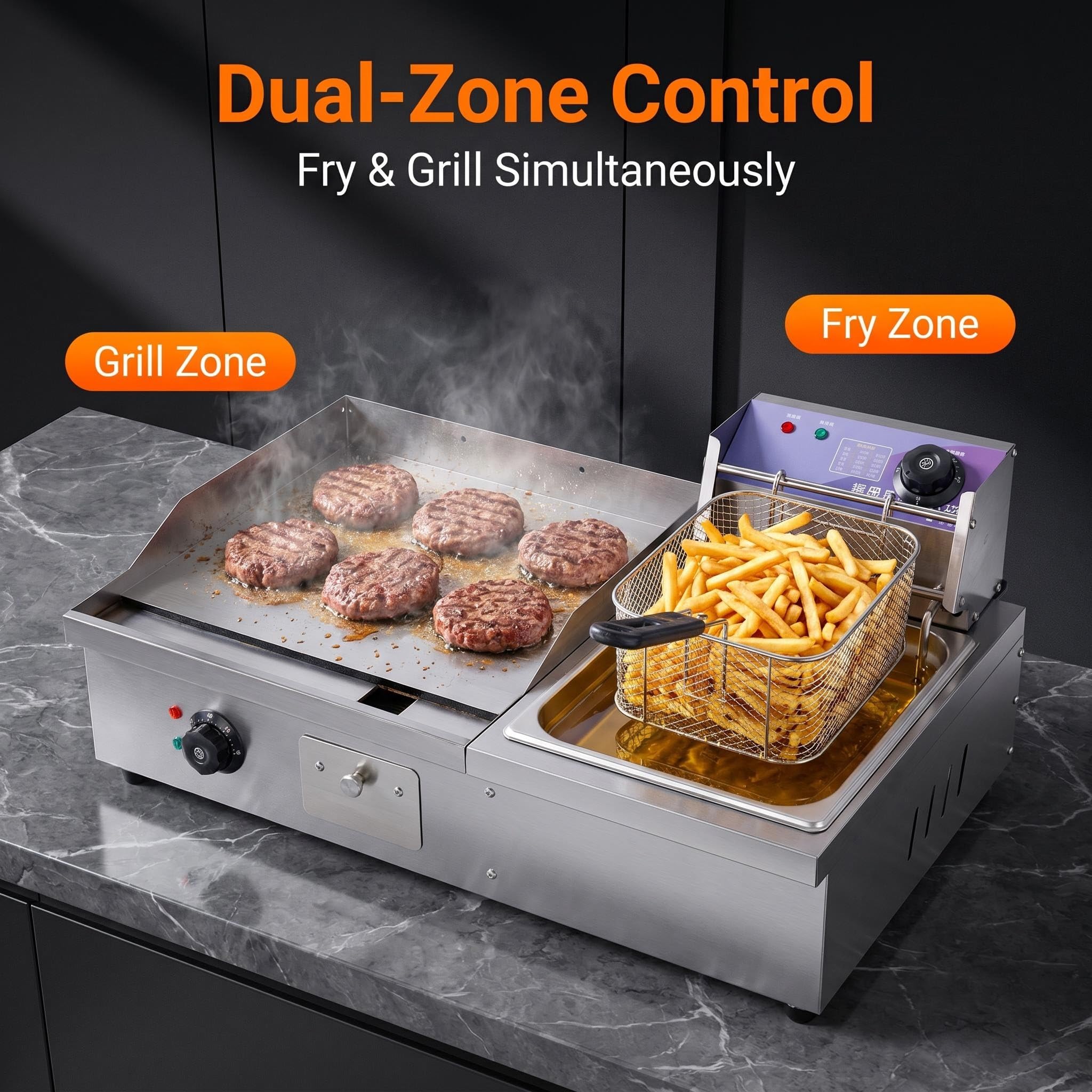 Combinato Piastra Griglia e Friggitrice Elettrica 2 in 1 Professionale, Piastra Maciza Inox 8mm Doppio Termostato Indipendente, Attrezzatura Alimentare per Chiosco Ambulante Feste in Giardino