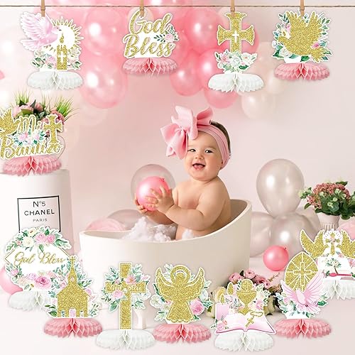 Miniatura 5 de Tarklanda Centros de mesa de bautismo en forma de panal de abeja, decoración de fiesta para niñas y niños, decoración de fiesta de bautismo en 3D