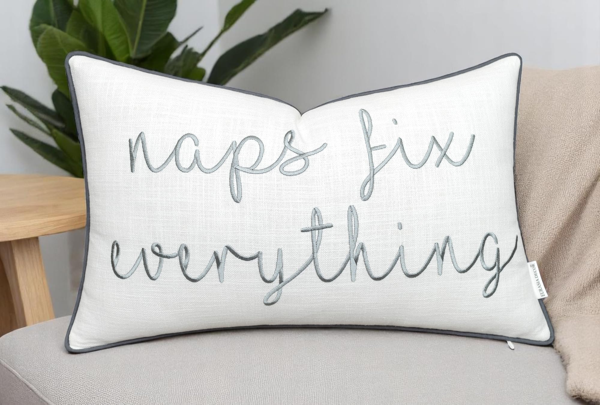 EURASIA DECOR Naps Fix Everything Embroidered Decorative Lumbar Accent Throw Pillow Cover - Living Room, Sofa, Chair, Patio, Car, Balcony, Bench, Porch, Office, Bedroom - 12x20 Inches, Offwhite