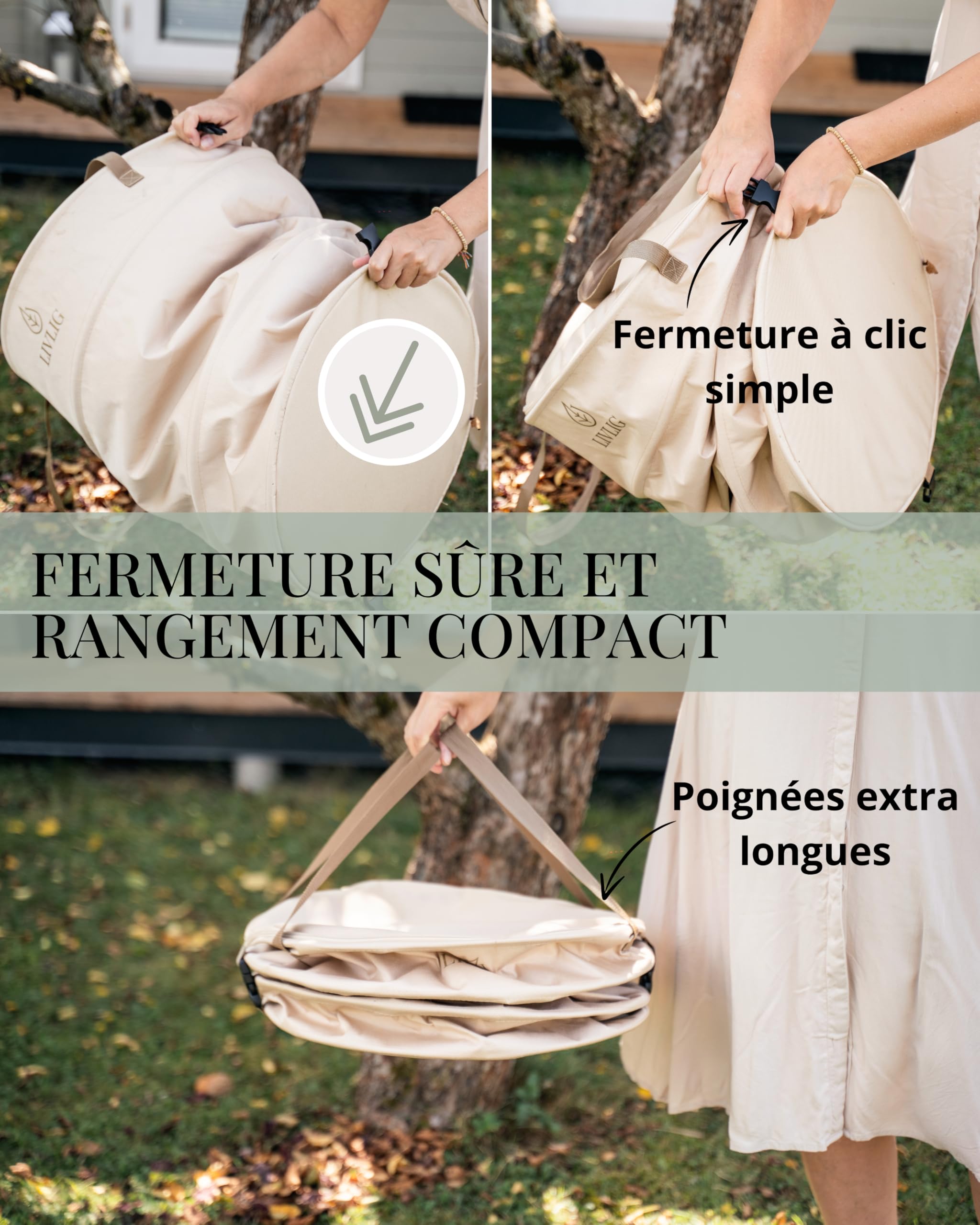 Sac de jardin LIVLIG Pop Up 90L, Sac à déchets de jardin pliable avec couvercle et double fond, Sac à feuilles stable avec couvercle, Sac à feuilles et sac à déchets de jardin Beige, 2 pièces