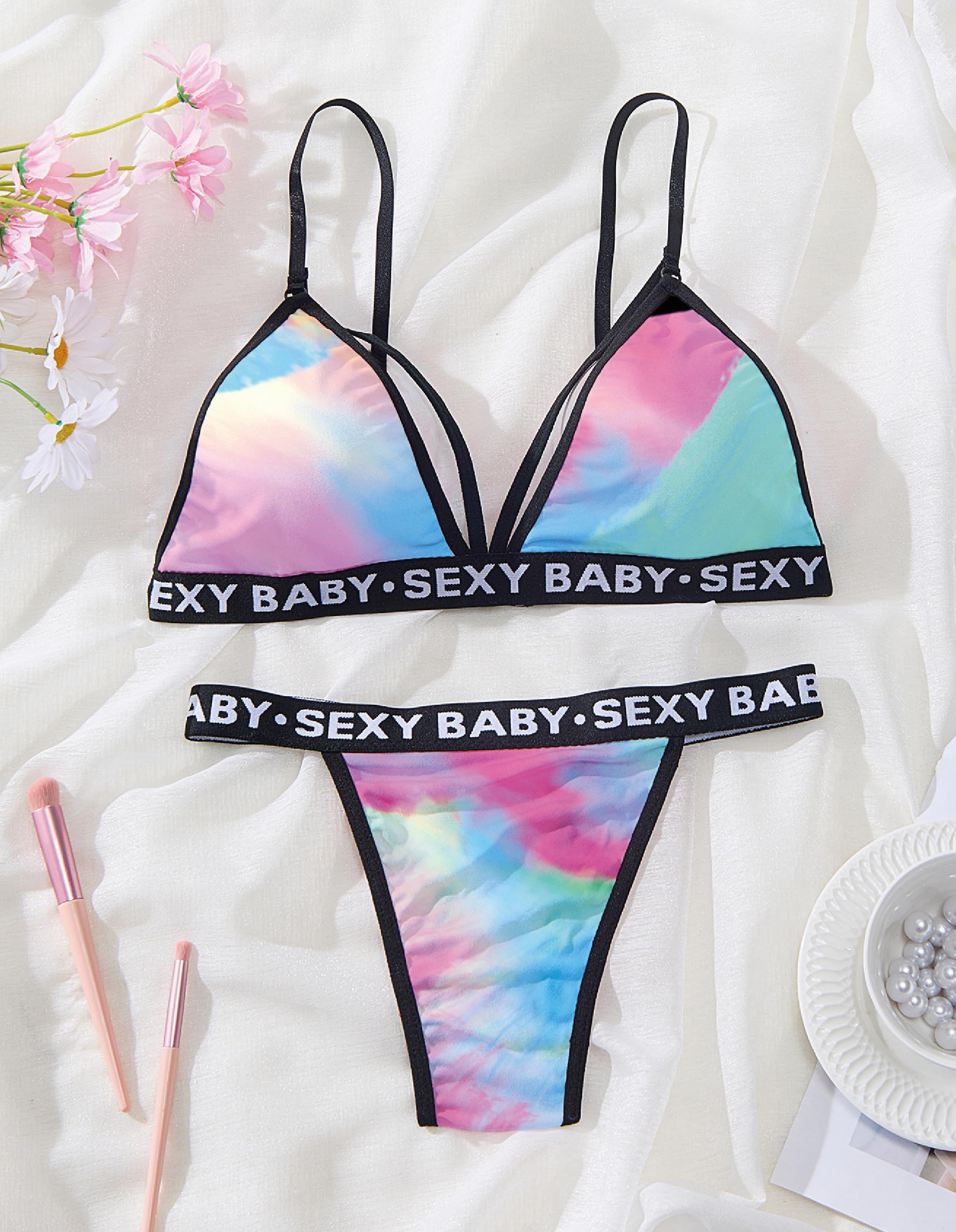 Lingerie for Women Plus Size Letter Print Matching Bra and Panty Sets Sexy Plus Size Lingerie Sexy Bra and Panty Sets: Large Mixed Color