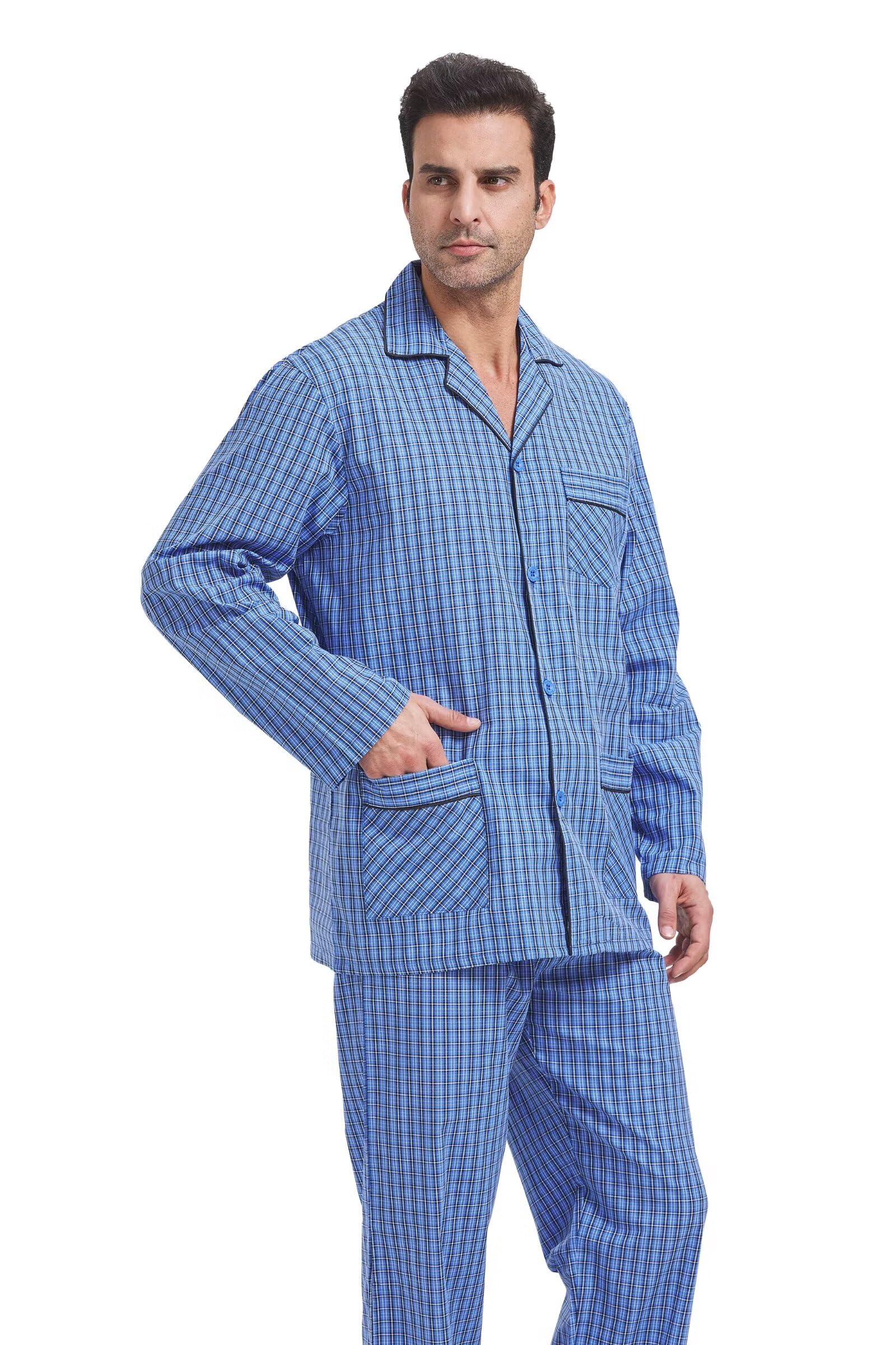 GLOBAL Pijamas Hombre Largos Pantalones Ropa de Dormir Conjunto de Algodón Pijama para Hombre con Bolsillos y Cordón