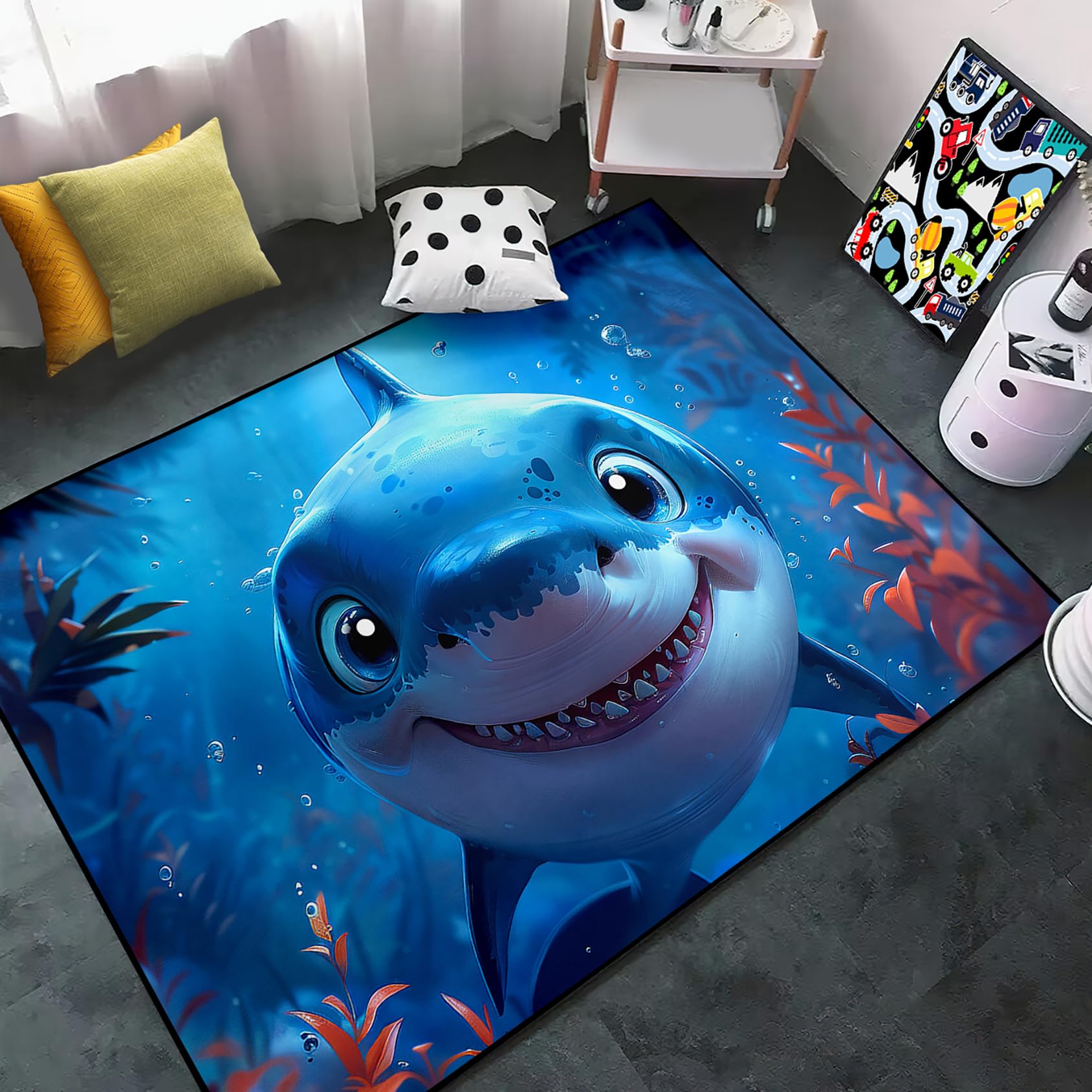 CDIWIDH Cute Shark Rug - Shark Area Rug for Kids Room, Cartoon Shark Carpet for Bedroom Ocean Sea Aniaml Rug Kids Area Rugs for Bedroom Playroom Living Room 5x7 Feet