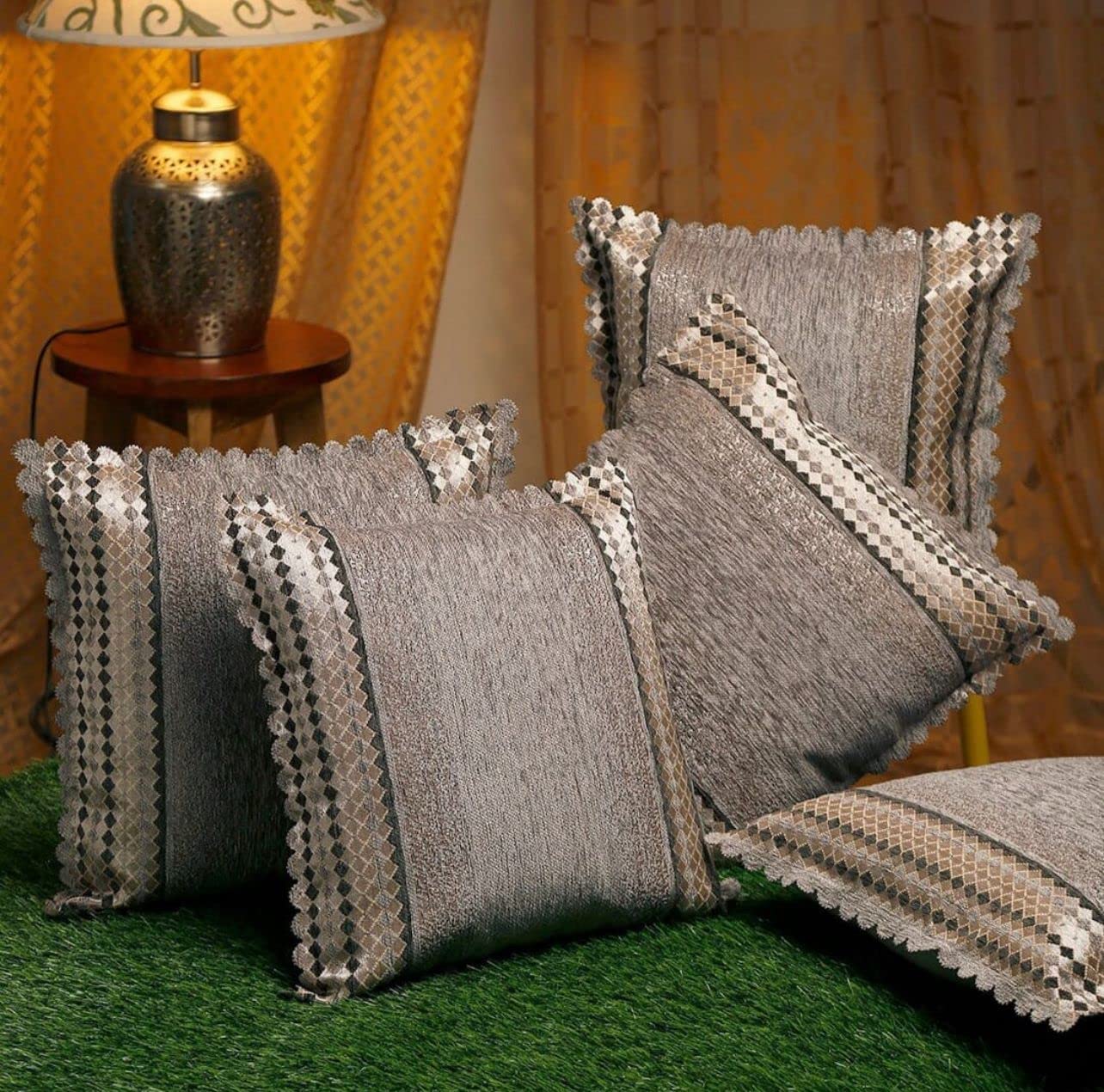 Buy SIGNEER IMPEX Cushion Covers 16x16 Set of 5 Striped (Beige) Online