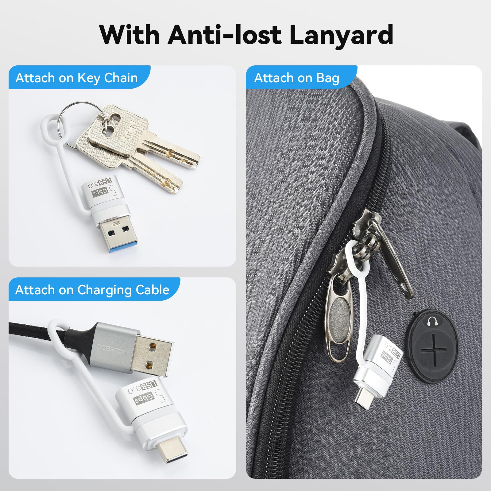 ELUTENG Adapter USB-C na USB-A (4 sztuki), Adapter Typ-C na USB 3.0 OTG z przewodem antyutratowym, kompatybilny z iPhone 16/15 Pro Max, MacBook, Samsung Galaxy S25/S24