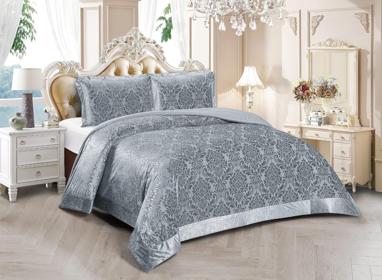 Mh Bedding Store ltd Luxury 3-Piece Quilted Bedspread/Comforter with Pillow Shams, Elegant Embossed Damask DesignBedding Set (Silver-Grey, King)