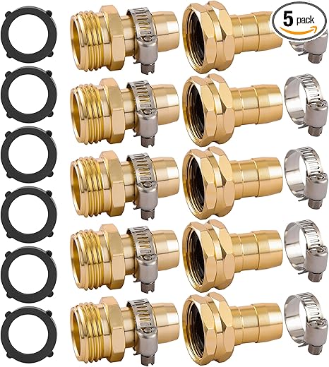 5 Set Garden Hose Repair Connector Kit with Clamps, Fit for 3/4" or 5/8" Garden Hose Fitting, Male and Female Hose Adapter, Water Hose Repair Kit