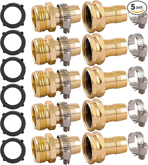 5 Set Garden Hose Repair Connector Kit with Clamps, Fit for 3/4" or 5/8" Garden Hose Fitting, Male and Female Hose Adapter, Water Hose Repair Kit