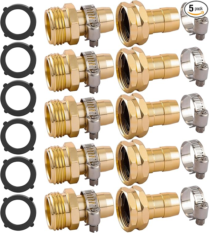 5 Set Garden Hose Repair Connector Kit with Clamps, Fit for 3/4" or 5/8" Garden Hose Fitting, Male and Female Hose Adapter, Water Hose Repair Kit