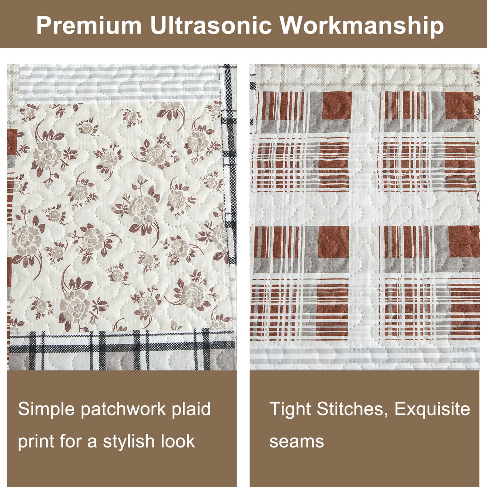 CHESITY Plaid Quilt Bedding Sets, Twin Size Bedspread Brown Bedding Plaid Flower Print Coverlets Bedcover Coverlet Sets Floral Checked Patchwork Quilted Bed Cover Country Decor(68"x 86")