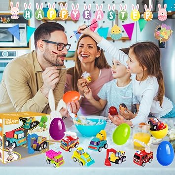 18 PCS Easter Egg Fillers with Toys Inside, Easter Basket Stuffers for Toddlers Filled Pull Back Engineering Vehicles Plastic Eggs Party Favors for Kids Egg Hunt Gift Easter Basket Essentials