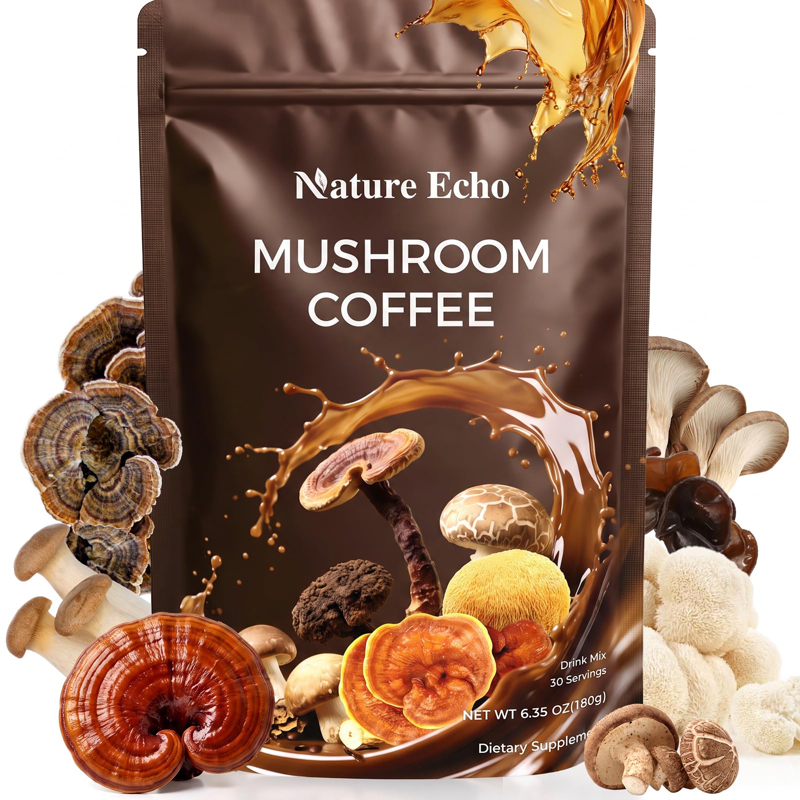 Nature Echo Café instantâneo em pó com cogumelos e ashwagandha, 2.000 mg + 300 mg, 30 porções, 178 g