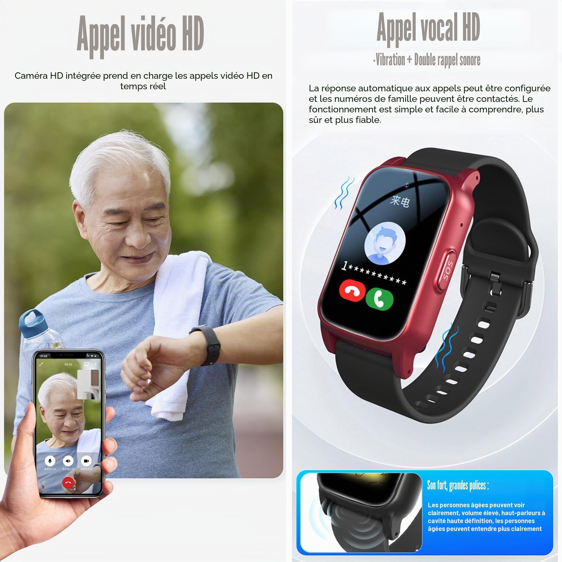 Dispositifs D'alerte De Chute pour Personnes Âgées, Smartwatch avec Détection De Chute, Bouton SOS d'urgence Et Appel Vidéo HD, Bracelet GPS Anti-Perte pour Personnes Âgées,25.8 * 2CM,Red
