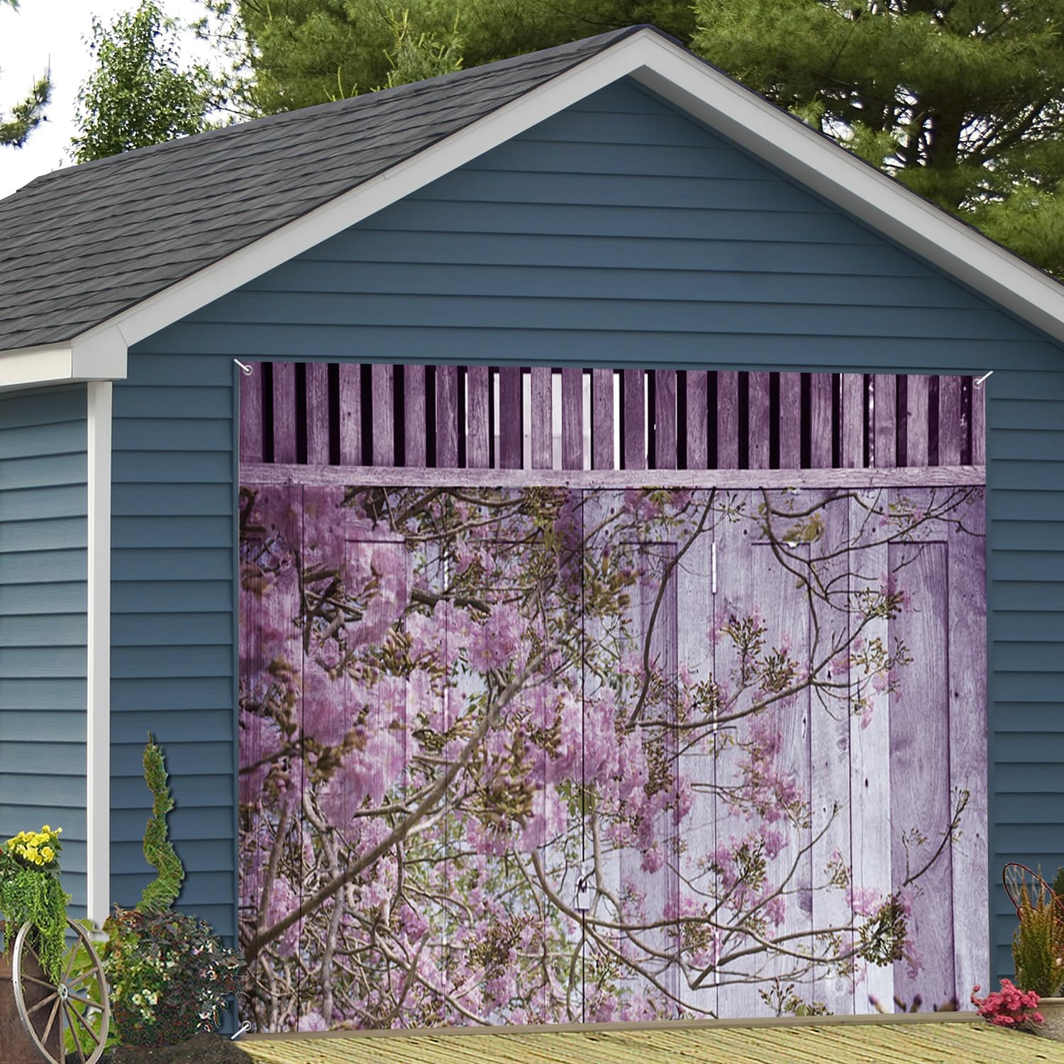 7x8ft Lavender Hued Blossom Garage Door Decor Soft Colored Wooden Plank Design Pink Flowering Branches Garage Door Cover for Romantic Photo Shoots Floral Garden Decor