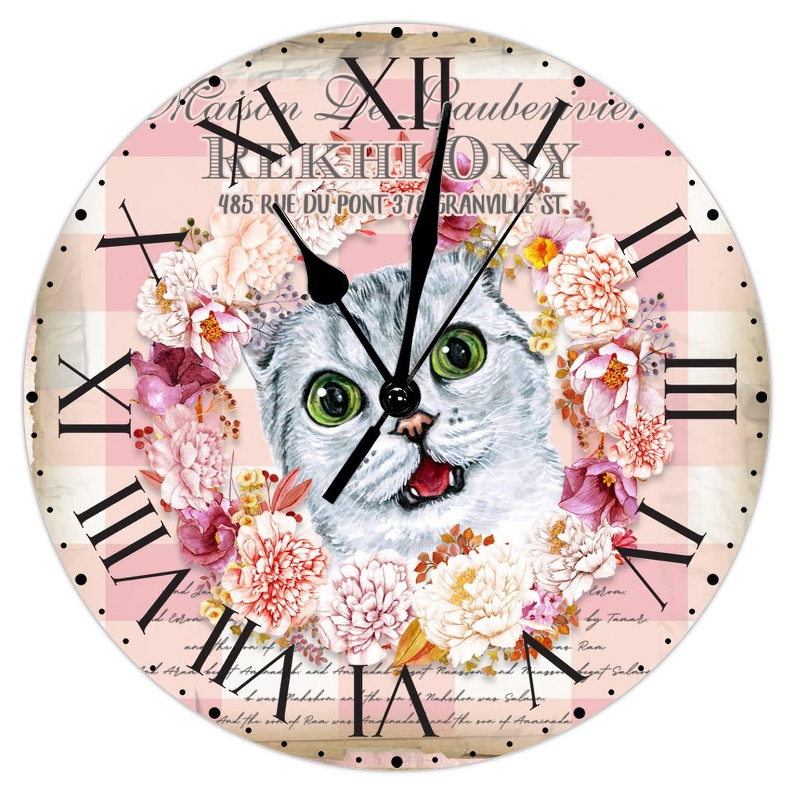 Horloge chat en PVC style antique de 30,5 cm avec chiffres romains et mouvement silencieux