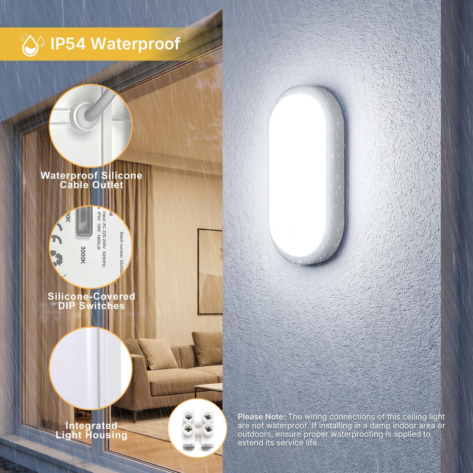 Plafoniera LED Esterno, 18W 1800LM Applique da Parete Interno, IP54 Lampada Led Soffitto Ovale Luci, 3000K/4000K/6000K Applique Bagno Luce per Balcone Scale Corridoio Garage, 2 Pezzo
