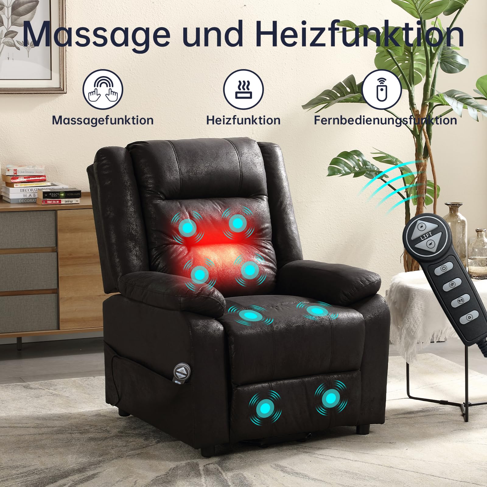 Elektrischer Fernsehsessel mit Aufstehhilfe, Relaxsessel Massagesessel mit Wärmefunktion, Liegefunktion, bis 220kg, Schwarz Flockleder