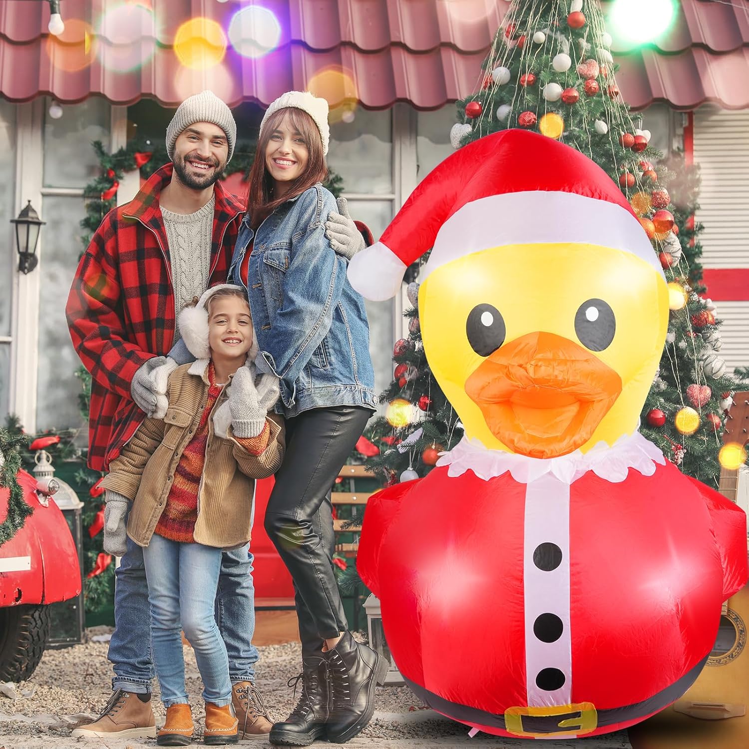 1Pcs 5 Feet Christmas Giant Inflatable Snowman Duck Outdoor Decorations,Build-in LEDs Lights Blow Up Yard Yellow Duck with Red Snowman Cloth for Indoor Christmas Holiday Party Garden Patio Lawn Decor - Image 5