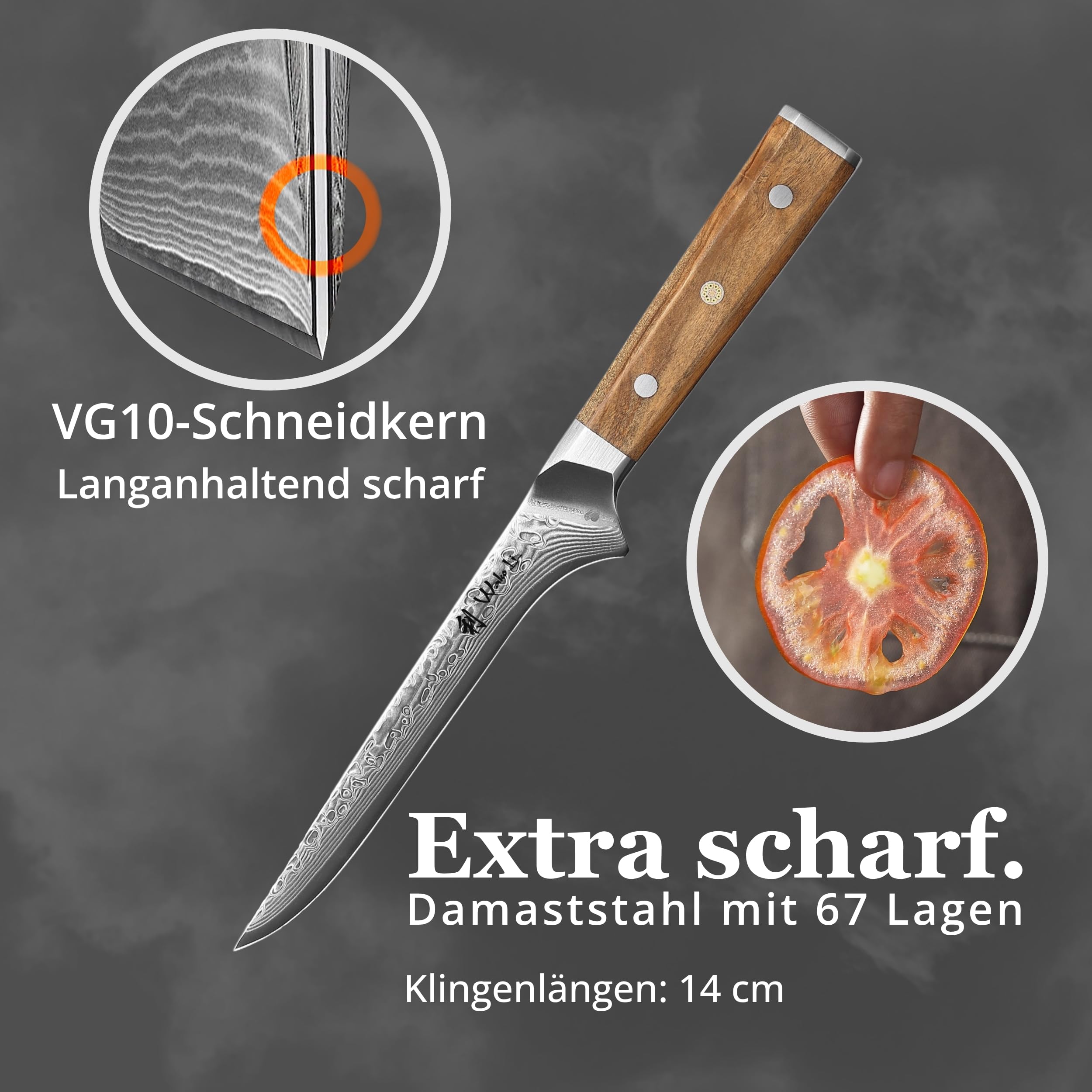 Wakoli Oribu Ausbeinmesser 14 cm Klinge aus 67 Lagen Damaststahl, VG10-Kern