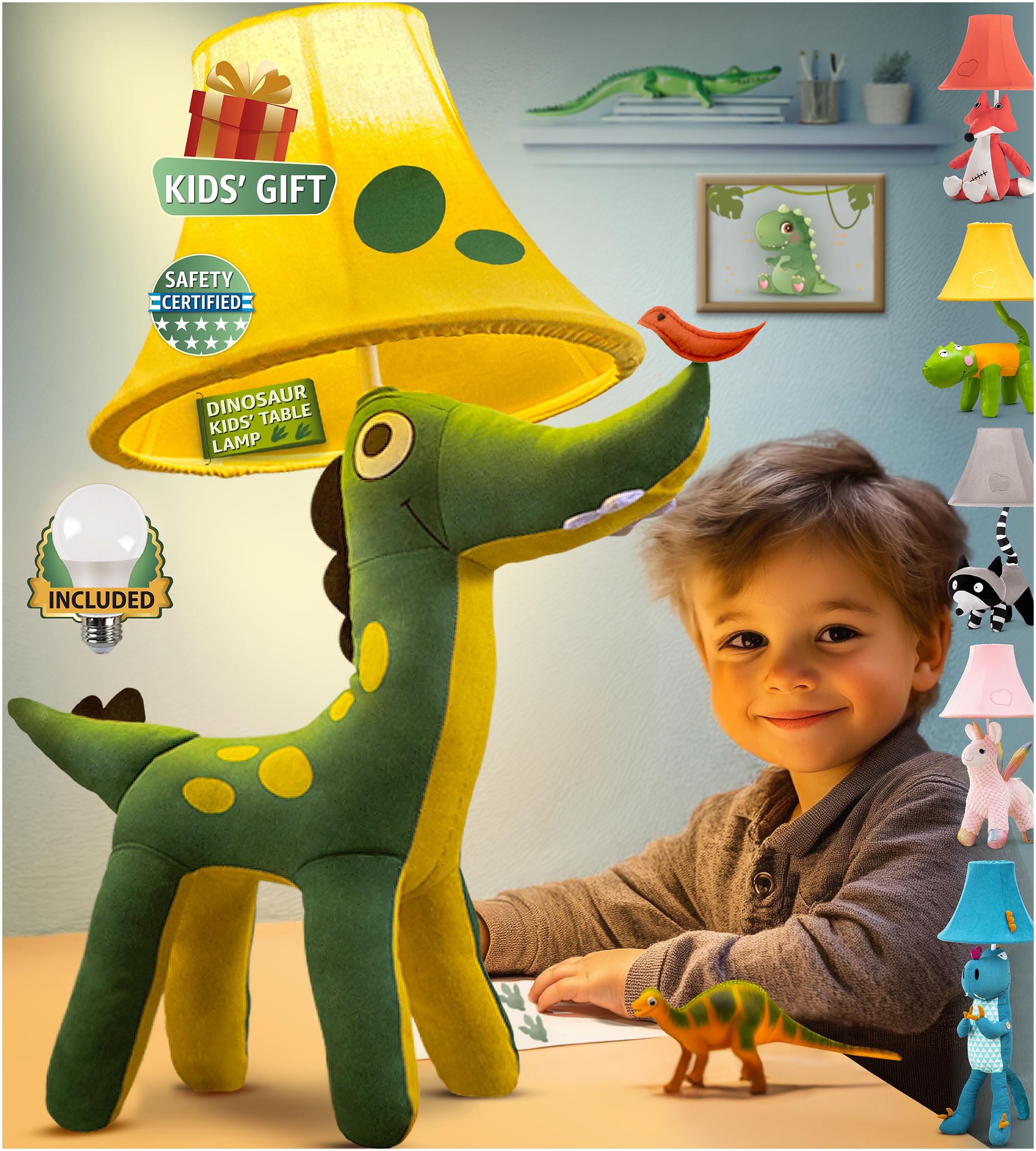 Dinosaur Kids Lamp for Boys Bedroom - 20", Boys lamp for Kids Room - Cute Christmas Gifts, Birthday Gifts for All Ages: Toddler Girls, Children,
