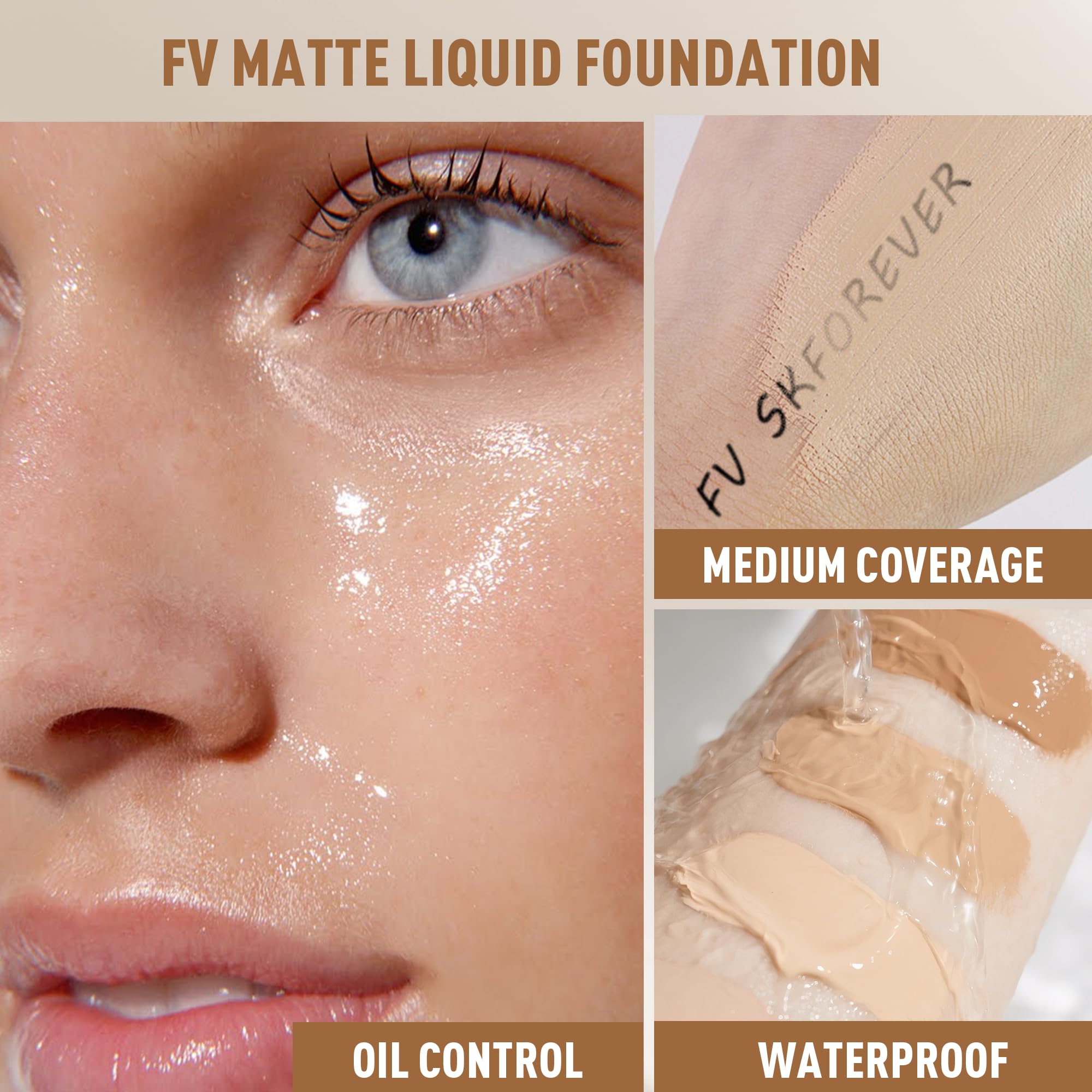 FV Waterproof Liquid Foundation with Matte Finish, Lightweight, Oil-Free, Natural Look Makeup for Combination & Oily Skin, Light to Medium Coverage,Natural Beige, 1 fl. oz.