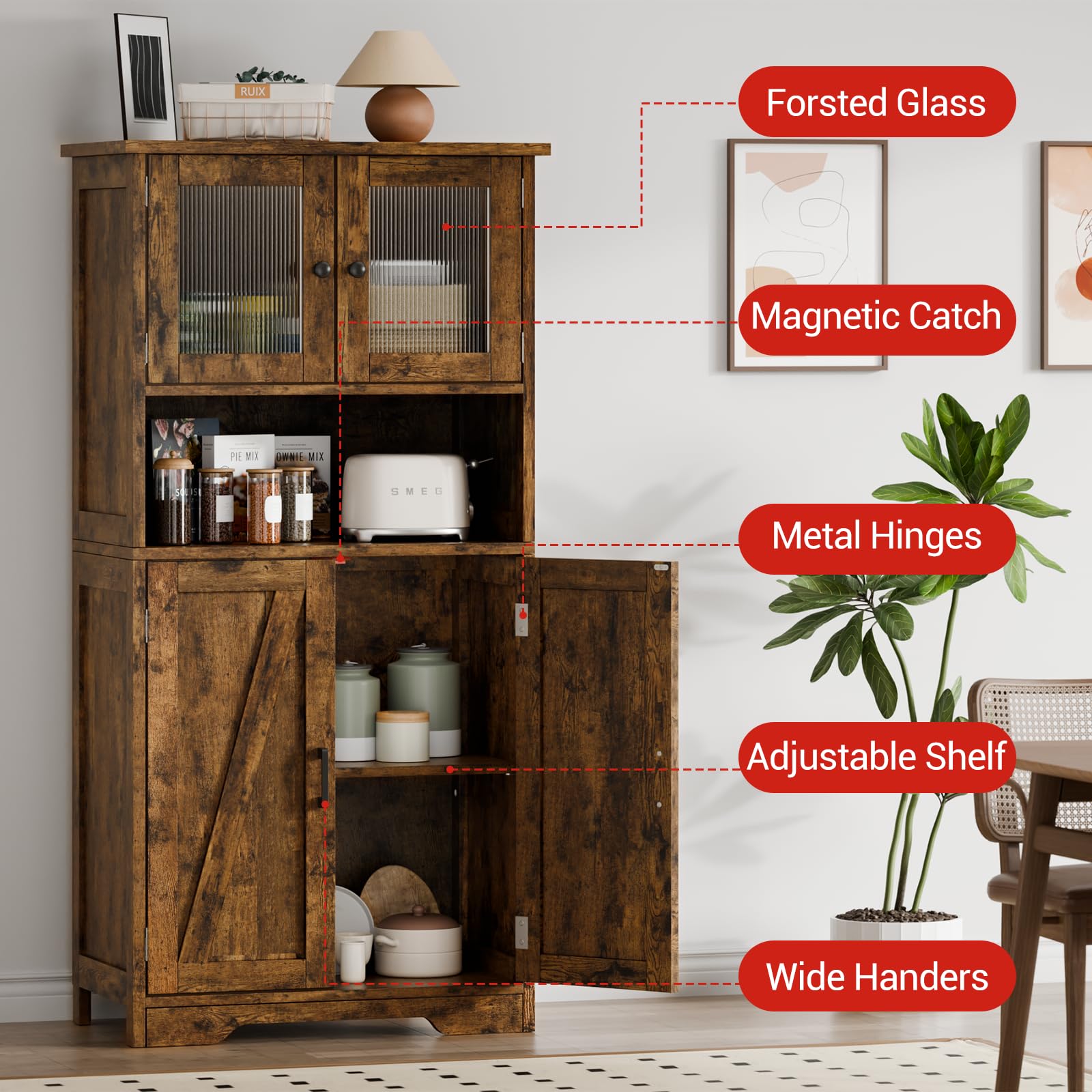 Zstar 50.4" Gabinete De Almacenamiento Grande De MDF con 4 Puertas y 1 Compartimento Abierto, 2 Puertas De Vidrio, Estantes Ajustables para Cocina, Dormitorio, Sala o Pasillos, Marrón.
