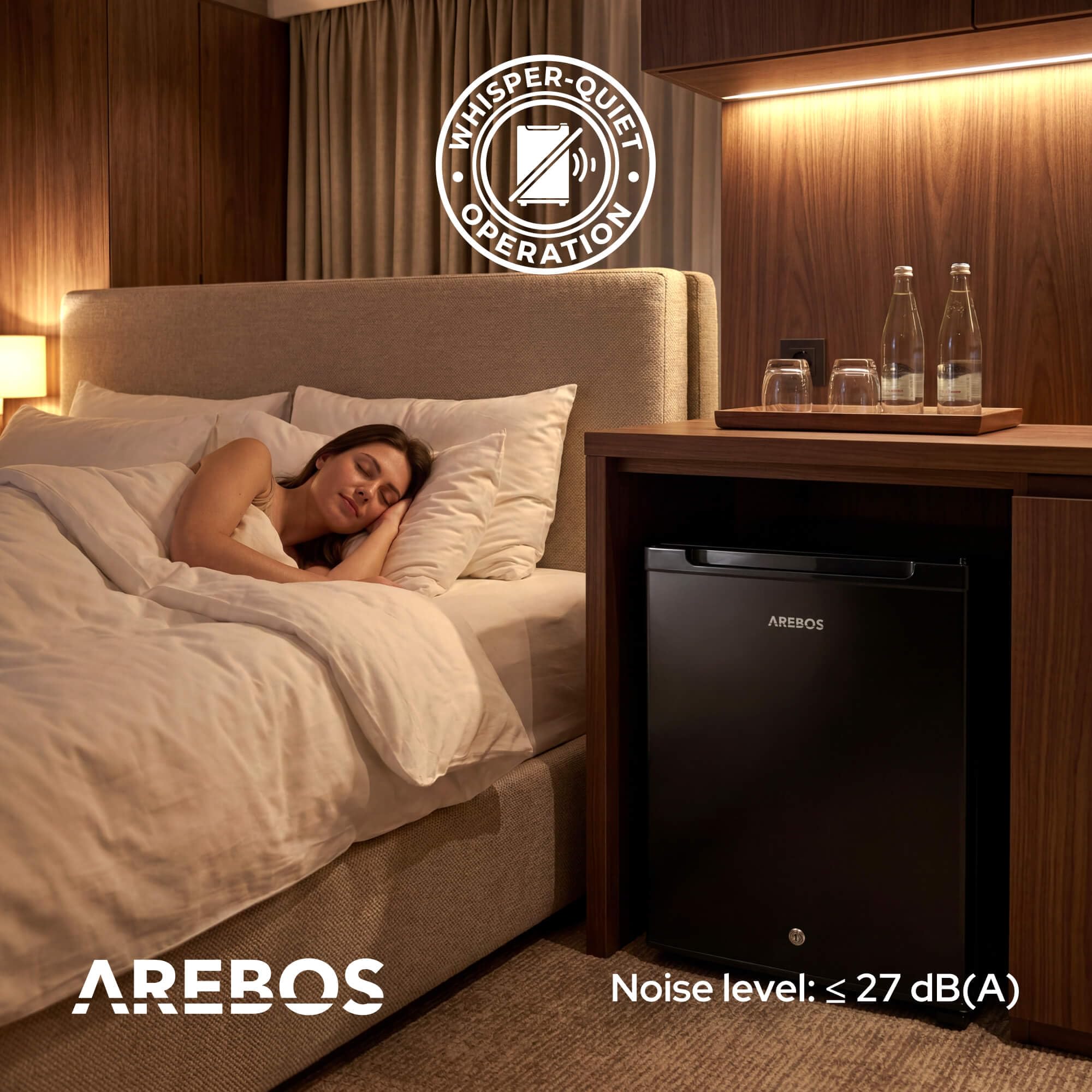 Arebos Mini Frigorífico 40L | Mini Bar Silencioso ≤27 dB | Nevera Compacta con Cerradura, LED y Temperatura Ajustable 5–18 °C | Frigorífico Oficina | Negro