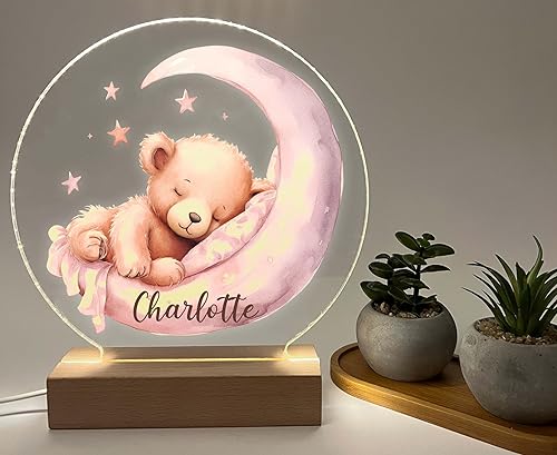 Miniatura 4 de MIRROR MANIA Osito de peluche luz nocturna de luna rosa para habitación de niños, luz de guardería, luz personalizada para niñas, regalo para niños,