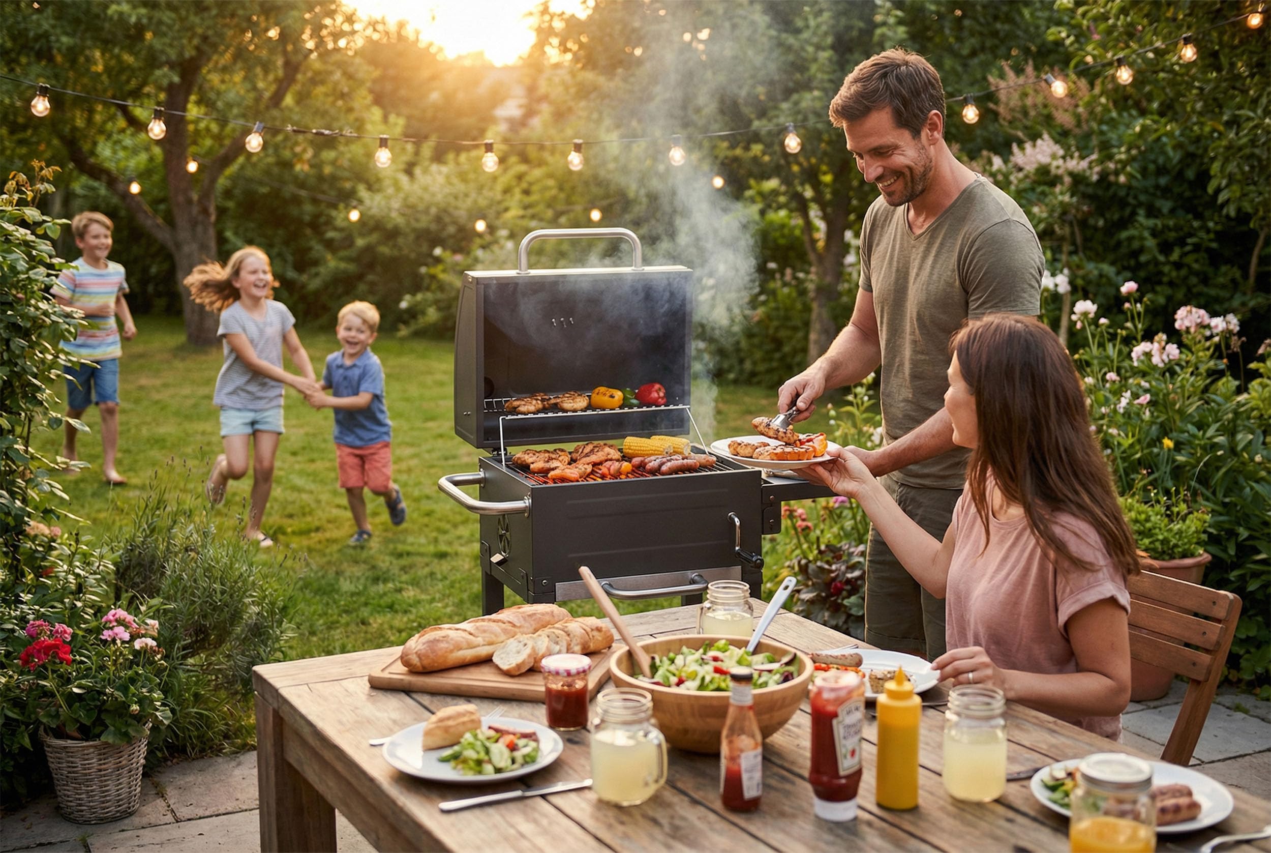Berdsen BBQChef - Barbecue a carbonella con camino e griglia in ghisa, 40 x 31,5 cm, vassoio per carbone, termometro, portacenere e ripiano, griglia su ruote, antracite
