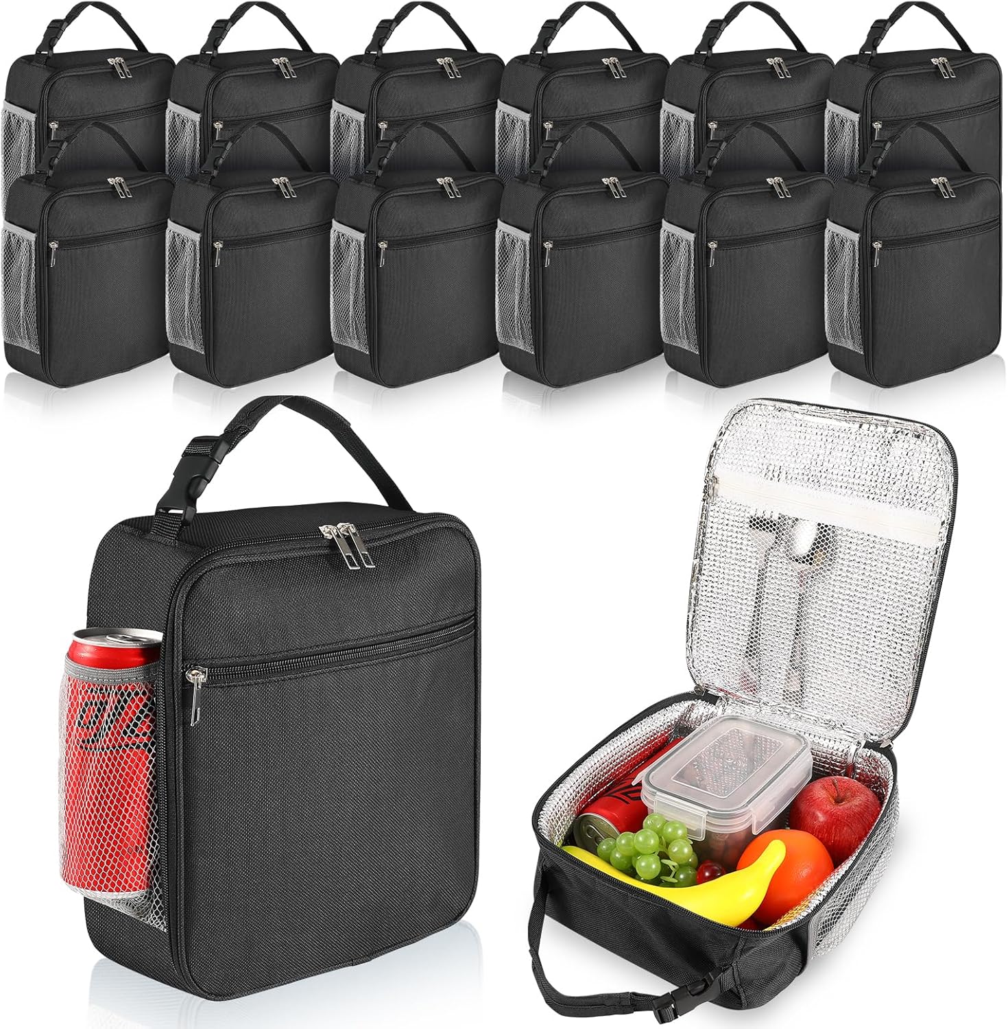 12 Pack lunch box Bulk,Insulated Reusable Lunch Bags with Aluminum for Women Men Girls,Leakproof lunch boxes,Small Lunch Tote Bag for Office,Work,Beach or Travel,Black