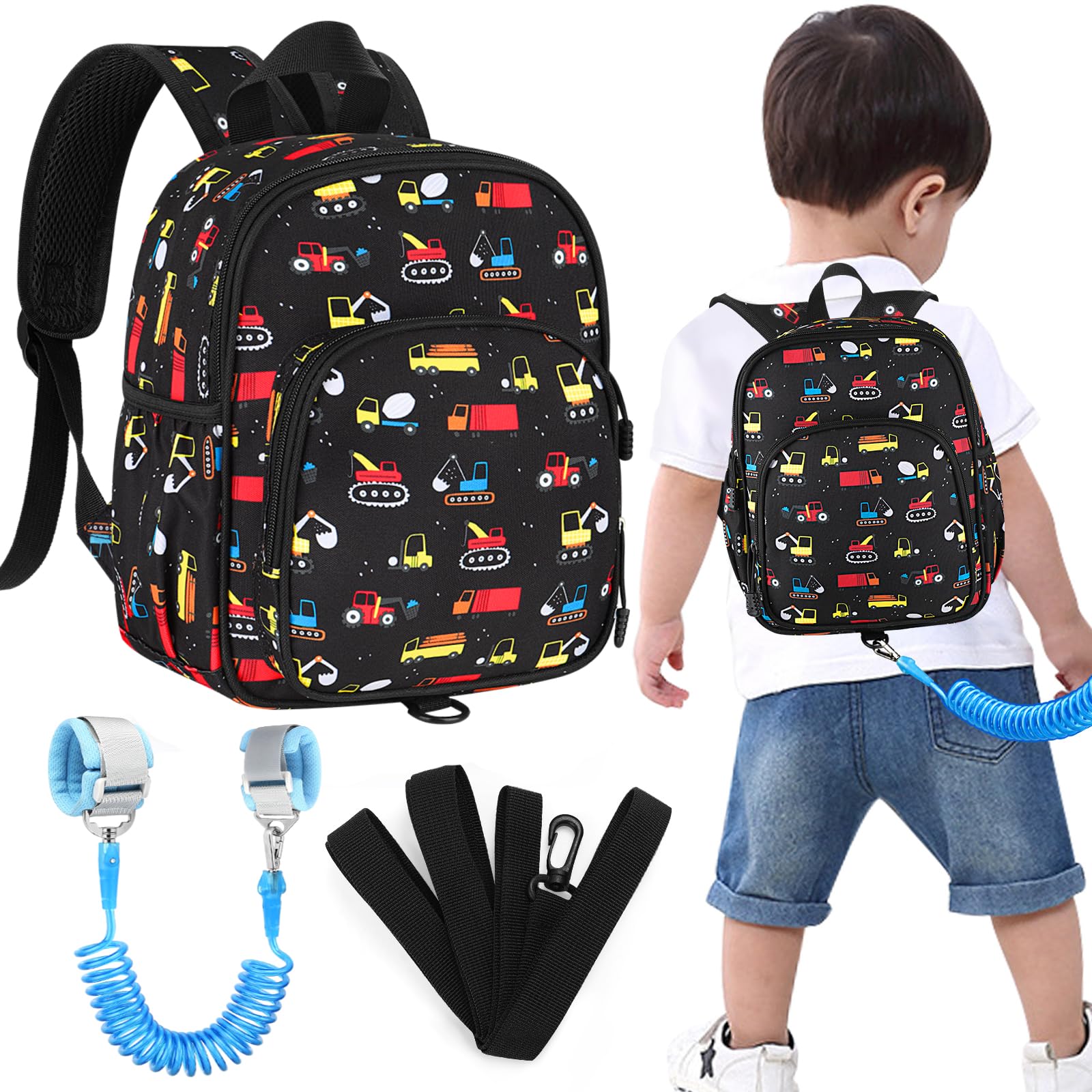 Accmor Toddler Backpack Leash with Child Anti Lost Wrist Link, Mini Kids Back Pack Walking Harnesses Leashes for Travel, Small Excavator Backpack Tether for Baby Boys Ages 1-3